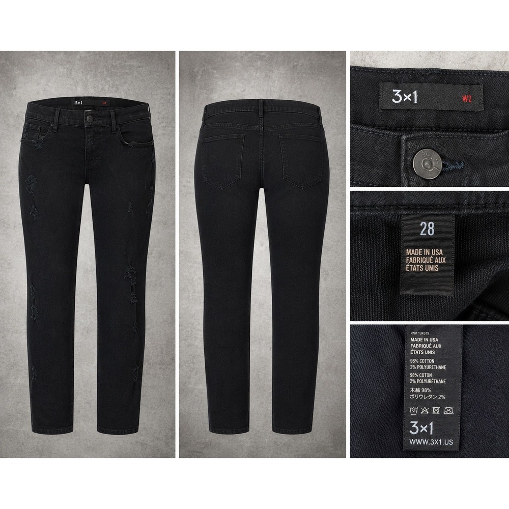 3x1 W2 Distressed Black Jeans Womens 28 Made in USA Slim Straight Denim Grunge